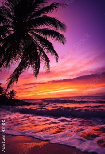 vibrant coastal sunset featuring silhouetted palm trees rolling waves stunning seascape, beach, coastline, dusk, evening, glow, horizon, light, marine