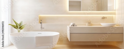 Neutral minimalist bathroom with soft lighting and white floor tiles, minimalist bathroom, calm and clean design