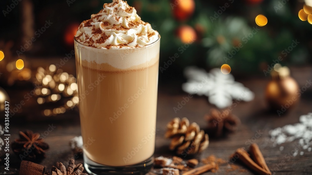 Festive Eggnog Latte with Whipped Cream and Cinnamon in Holiday Decor Festive Eggnog Latte with Whipped Cream and Cinnamon in Holiday Decor