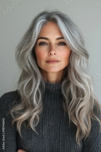 Creative Elegant Middle-Aged Woman with Long Gray Hair in Cozy Sweater Against Neutral Background.