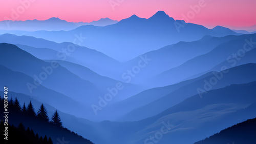 Illustration, Serene mountain vista, soft sunrise hues, misty valleys, warm glow