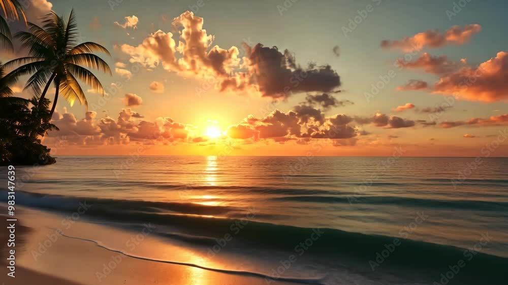 Beautiful sunset over tranquil beach with palm trees in the foreground on a serene tropical evening Beautiful sunset over tranquil beach with palm trees in the foreground on a serene tropical evening