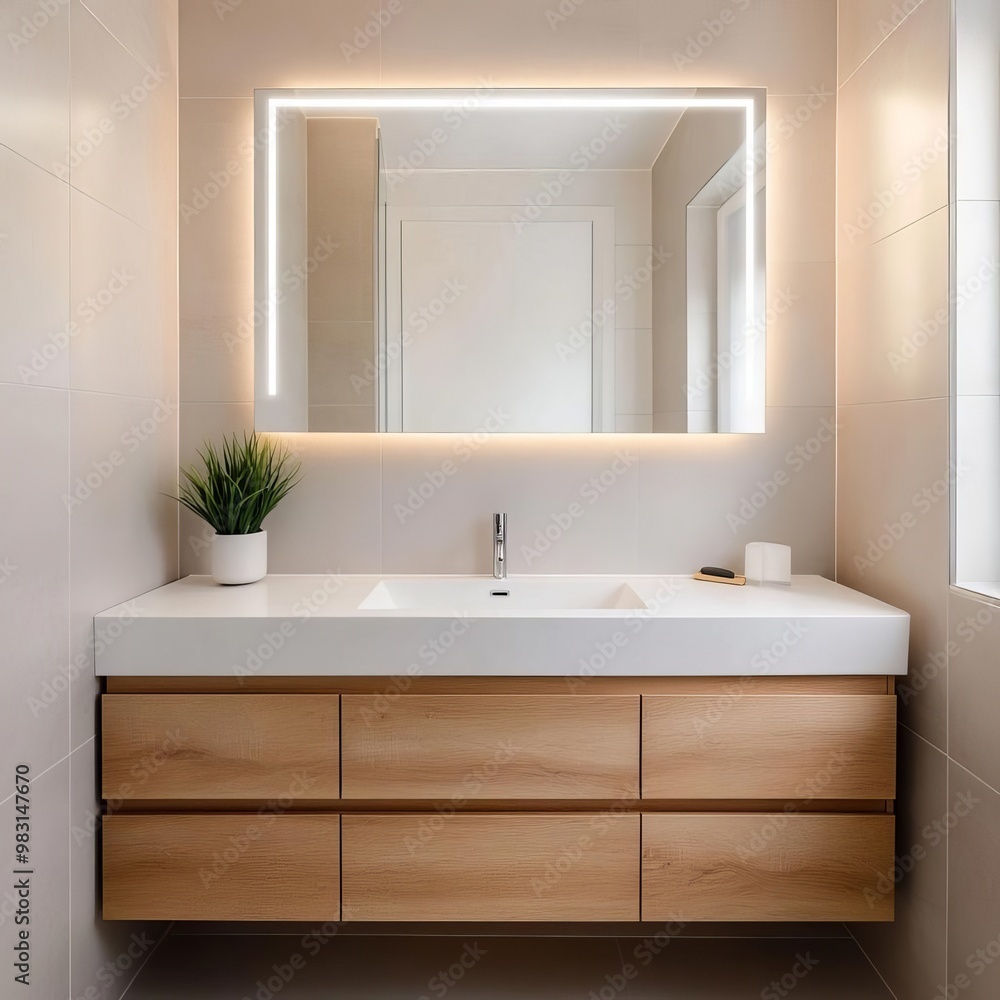Neutral minimalist bathroom with recessed lighting and frameless mirror, minimalist bathroom, clean and sleek look Neutral minimalist bathroom with recessed lighting and frameless mirror, minimalist bathroom, clean and sleek look