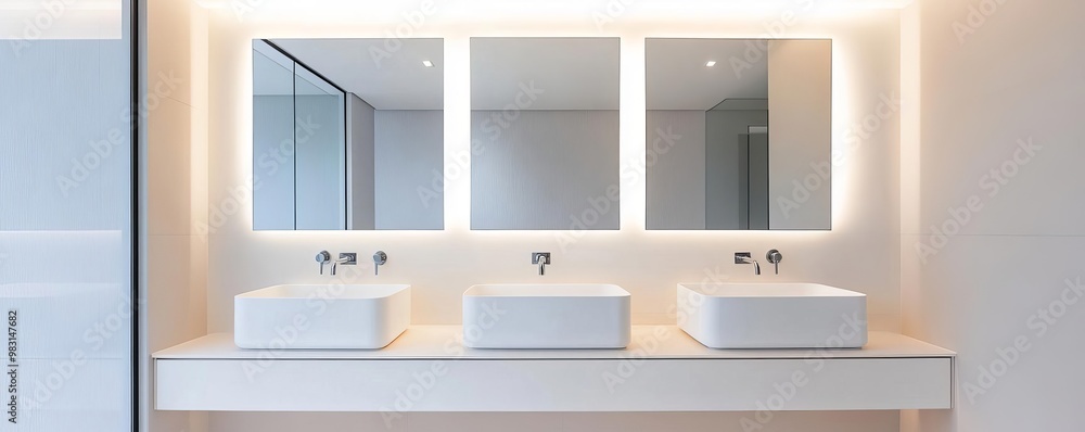 Fototapeta premium Neutral minimalist bathroom with large mirrors, recessed lighting, minimalist bathroom, modern, clean space