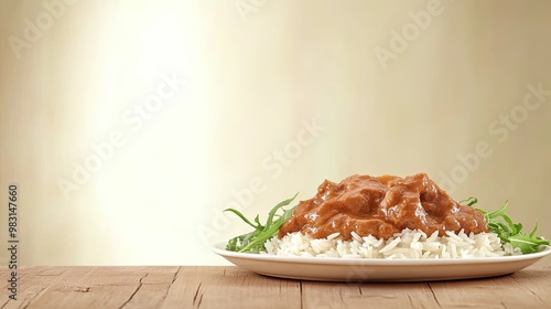 A delightful serving of gwamsi, featuring tender pork alongside rice and fresh greens, presented elegantly on a rustic wooden table photo