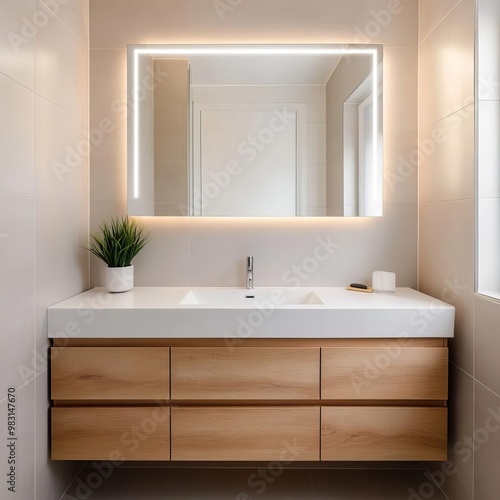 Neutral minimalist bathroom with recessed lighting and frameless mirror, minimalist bathroom, clean and sleek look