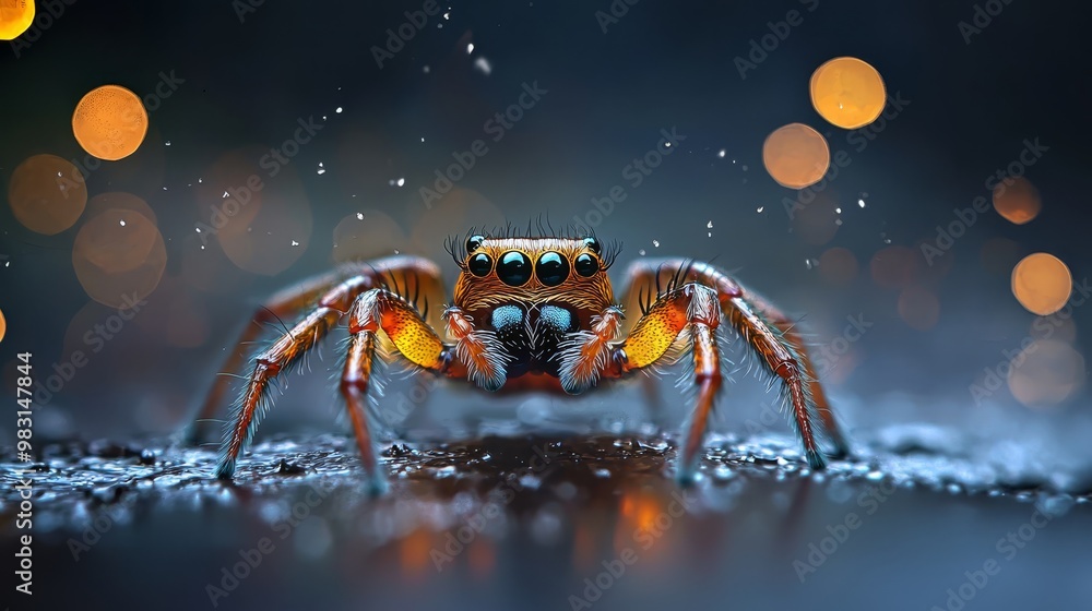 A tight shot of a spider on a textureless surface, backdrop of indistinct lights blurred Background features a softly focused play of lights A tight shot of a spider on a textureless surface, backdrop of indistinct lights blurred Background features a softly focused play of lights