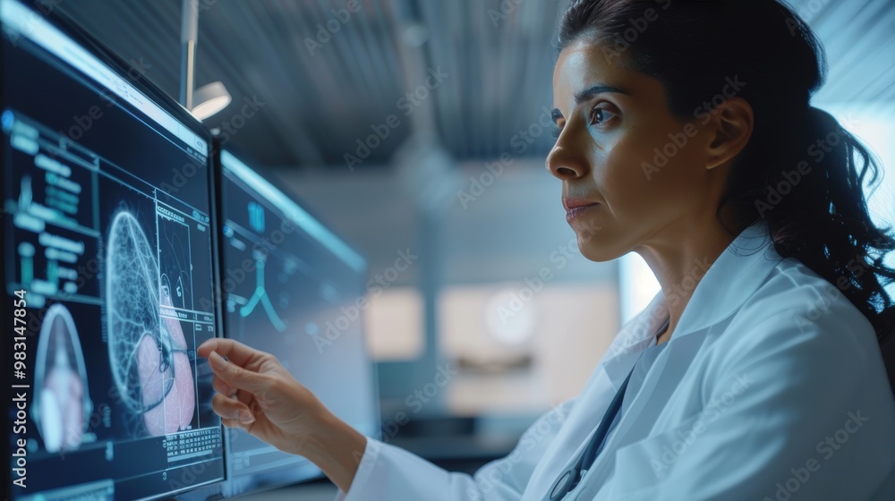 Female Doctor Analyzing Mammogram Results on Digital Screen in Modern Clinic Environment Female Doctor Analyzing Mammogram Results on Digital Screen in Modern Clinic Environment