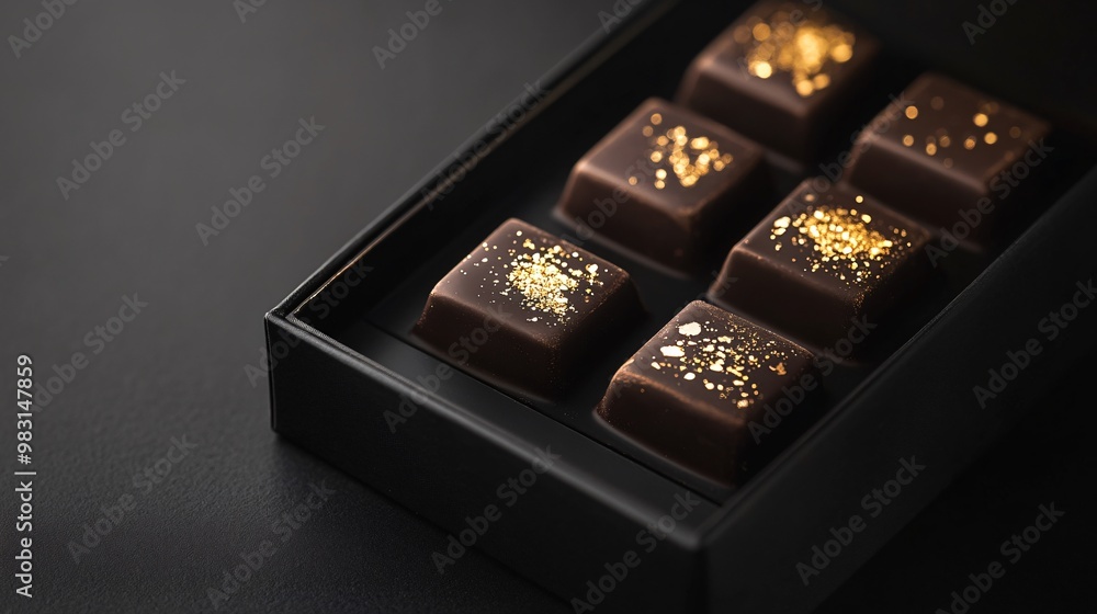 Luxe box of dark chocolate pralines with gold leaf, isolated on a sleek black background Luxe box of dark chocolate pralines with gold leaf, isolated on a sleek black background