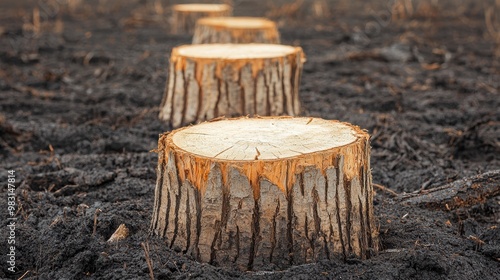 A series of tree stumps stands in a barren landscape, remnants of deforestation, highlighting environmental impact and loss of greenery. photo