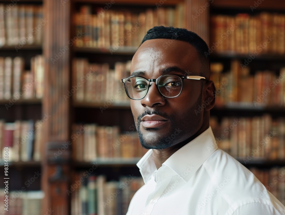 A man wearing glasses stands in front of a library with books, generative ai image A man wearing glasses stands in front of a library with books, generative ai image