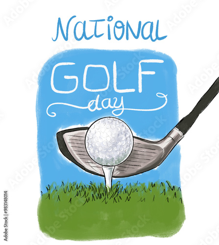 National Golf Day, golf ball on tee with club hand drawn digital illustration.