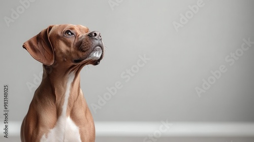 Close-up portrait of a brown dog with a white chest, looking upwards inquisitively against a plain gray wall background, highlighting the dog's curious nature. photo