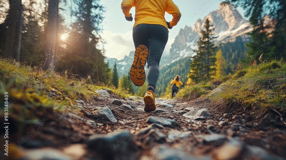 Trail Runner in Mountain Landscape Wearing Yellow Jacket Amidst Forest Trail Runner in Mountain Landscape Wearing Yellow Jacket Amidst Forest