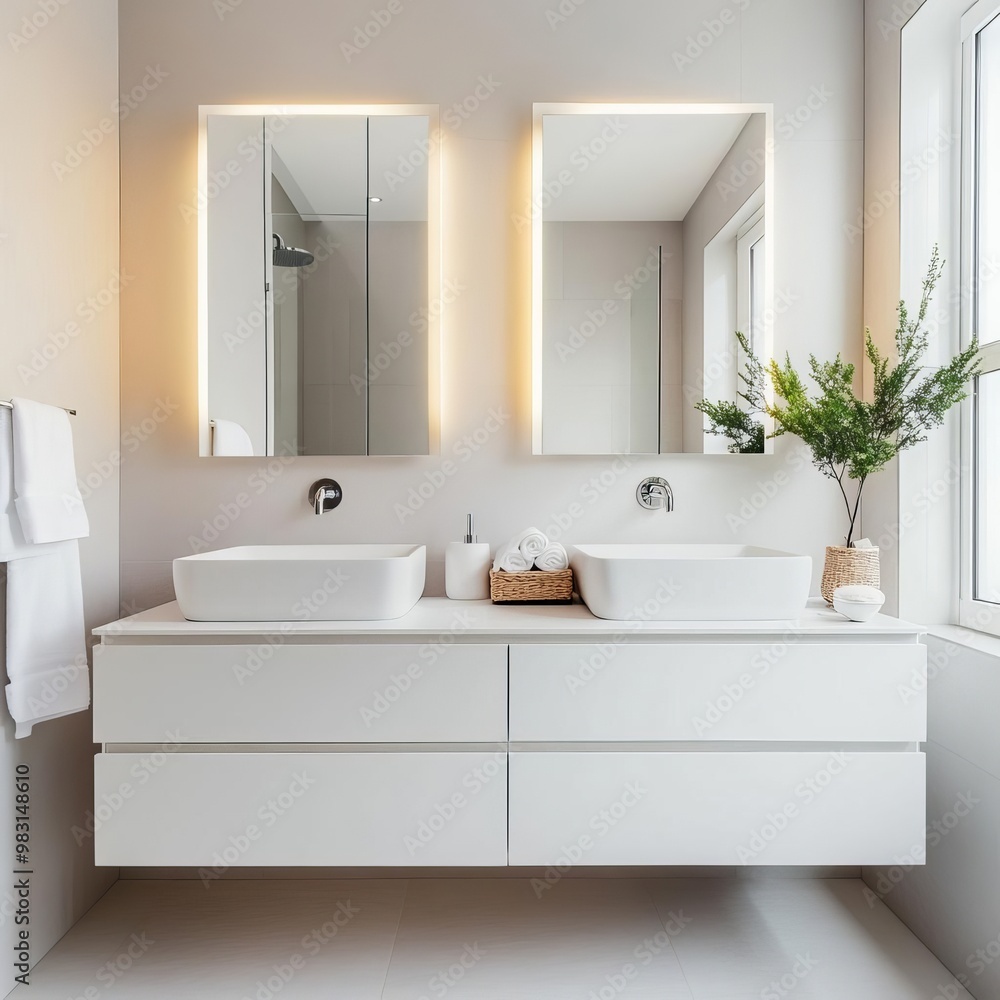 Neutral minimalist bathroom with recessed lighting and frameless mirror, minimalist bathroom, clean and sleek look Neutral minimalist bathroom with recessed lighting and frameless mirror, minimalist bathroom, clean and sleek look