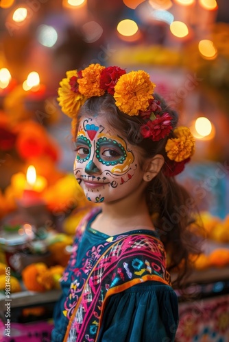 Smiling Girl with Day of the Dead Face Paint and Marigold Flower Crown in Front of Festive Altar