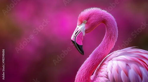  A pink flamingo stands before a pink backdrop, its head and neck subtly blurred photo