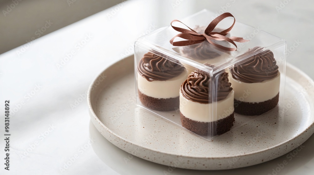 Mini mousse cakes in a chic, clear-lid gift box, isolated on a light ceramic plate Mini mousse cakes in a chic, clear-lid gift box, isolated on a light ceramic plate