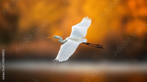  A white bird soars above a tranquil body of water, framed by a sun-kissed yellow sky Trees line the shoreline in the distance