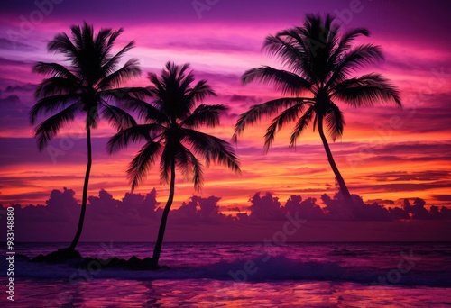 vibrant silhouettes palm trees bathed rich sunset hues creating stunning tropical landscape, colors, nature, evening, sky, illumination, outline, beauty