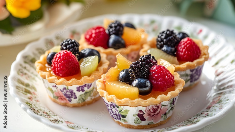 Miniature fruit tarts in a floral patterned present box, isolated on a white porcelain plate Miniature fruit tarts in a floral patterned present box, isolated on a white porcelain plate