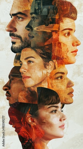 Vertical arrangement of diverse faces in profile with textured effects. Promoting diversity, inclusion, and equity.