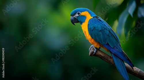  A blue-and-yellow bird perches on a tree branch against a backdrop of a lush, green forest filled with leaves