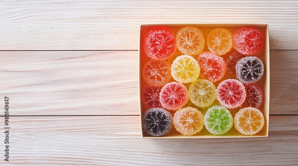 Present box of sugar-coated fruit jellies, isolated on a light wooden background Present box of sugar-coated fruit jellies, isolated on a light wooden background