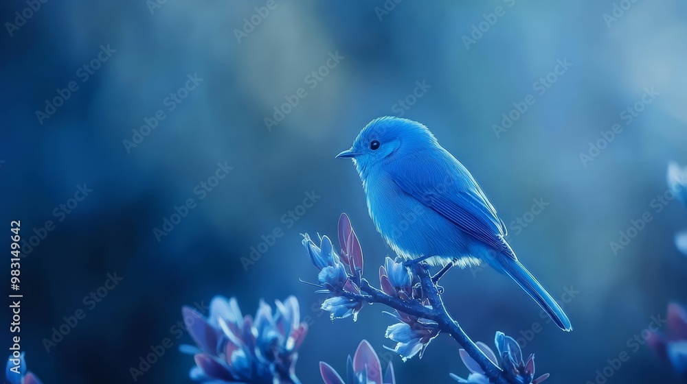 A blue bird perched on a branch against a backdrop of purple flowers in the foreground, and a blue sky above A blue bird perched on a branch against a backdrop of purple flowers in the foreground, and a blue sky above