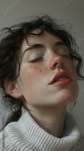 Close-Up Portrait of a Woman with Freckles and Eyes Closed