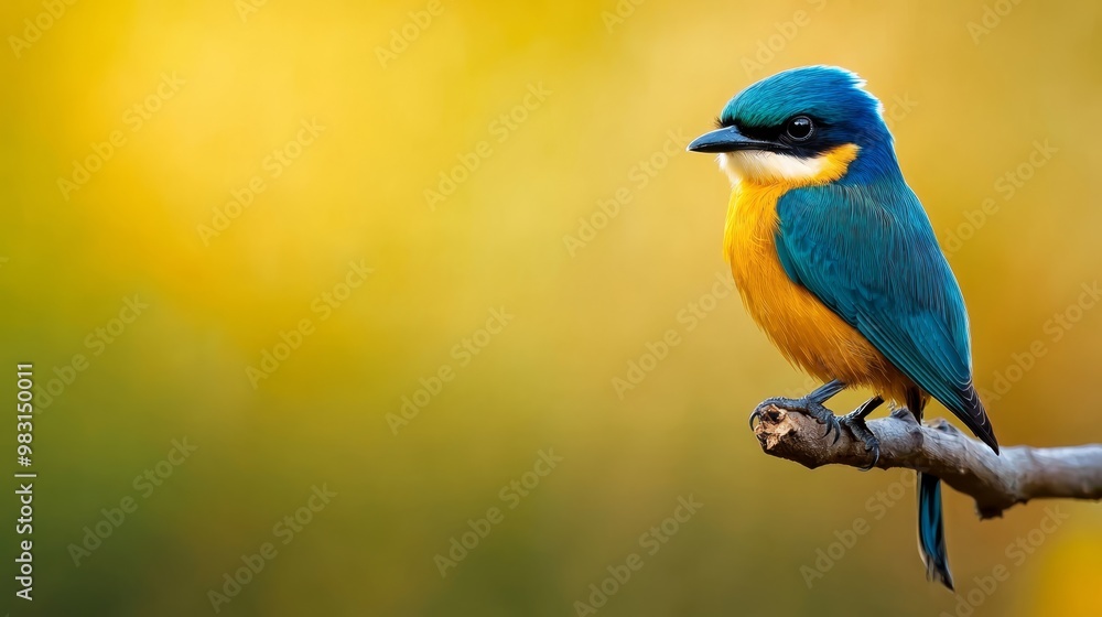 Obraz premium A blue-and-yellow bird perches on a tree branch against a green and yellow blurred backdrop