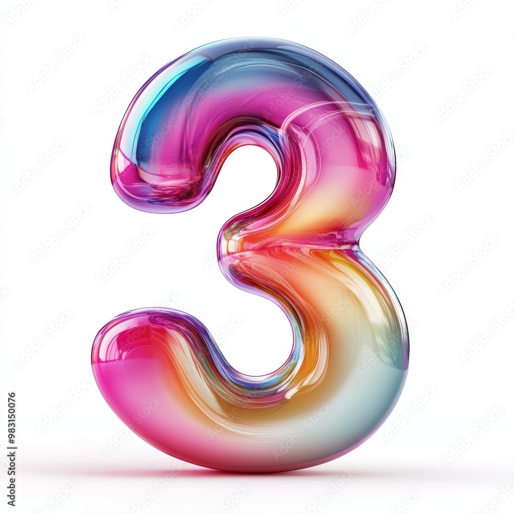 3D number 3 with fluid glass effect, vibrant gradient colors texture realistic modern design, soft lighting, white background. 3D number 3 with fluid glass effect, vibrant gradient colors texture realistic modern design, soft lighting, white background.