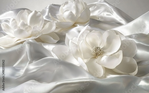 White flowers arranged elegantly on soft satin fabric in a serene and tranquil setting