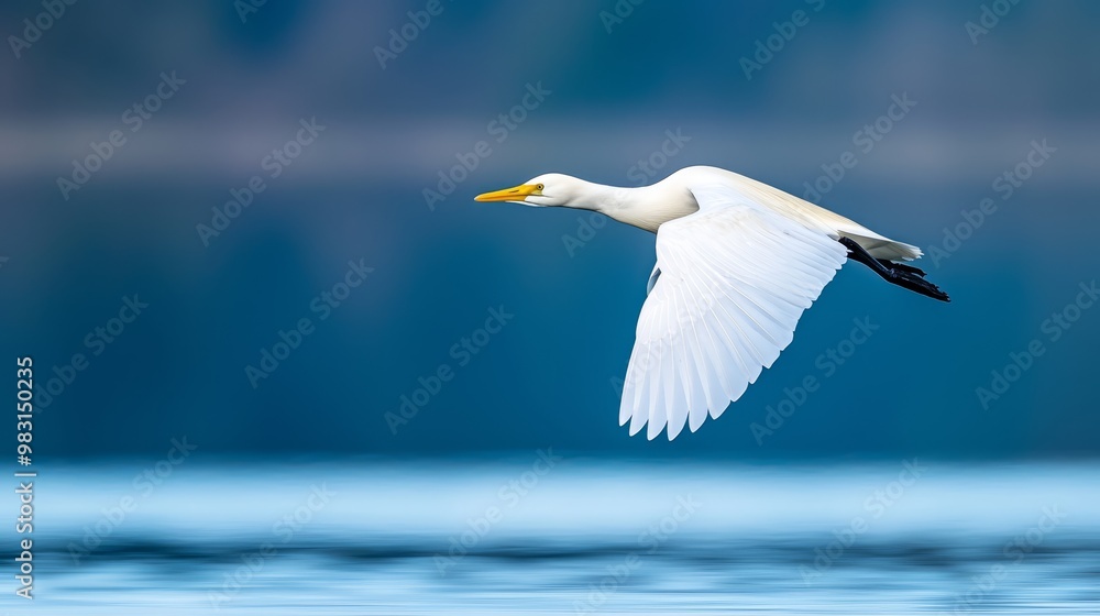 A white bird with a yellow beak flies over a tranquil body of water, framed by a blue sky A white bird with a yellow beak flies over a tranquil body of water, framed by a blue sky