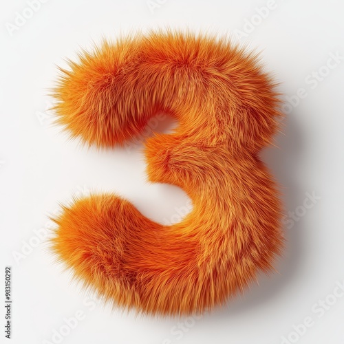 3D number 3 with orange fur texture realistic modern design, soft lighting, white background