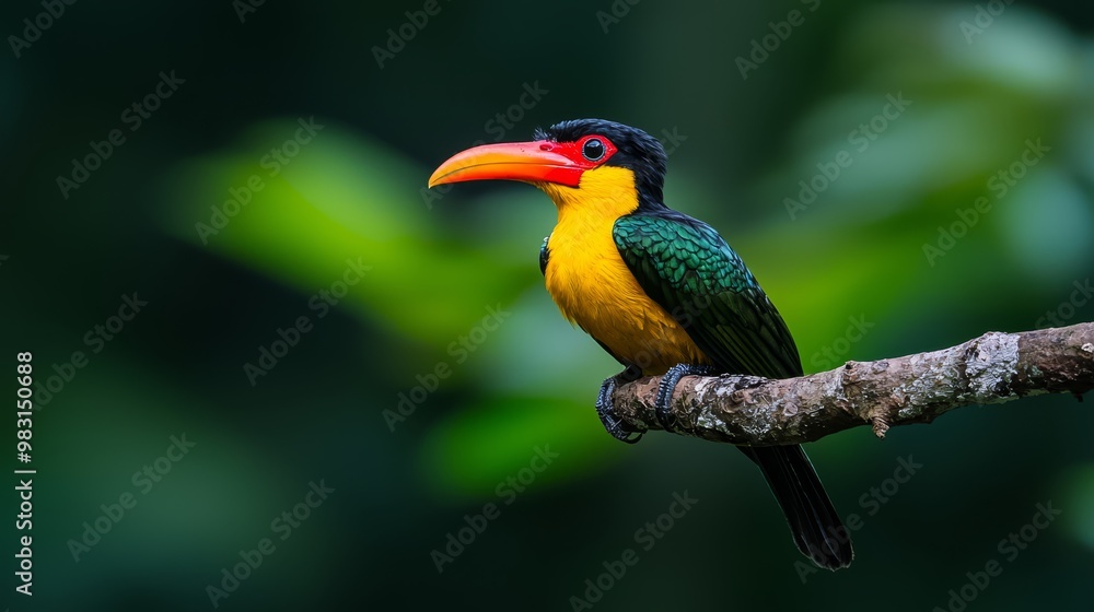 Obraz premium A vibrant bird perches on a branch against a green backdrop of foliage Its beak is a captivating combination of black, yellow, and red