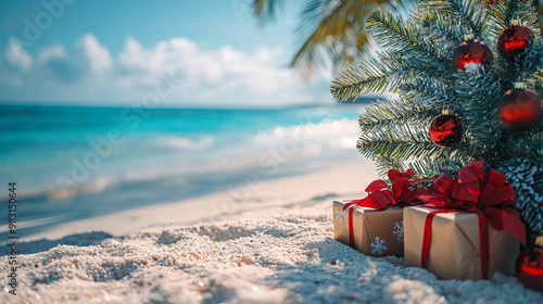 Christmas on the beach with presents under the tree.