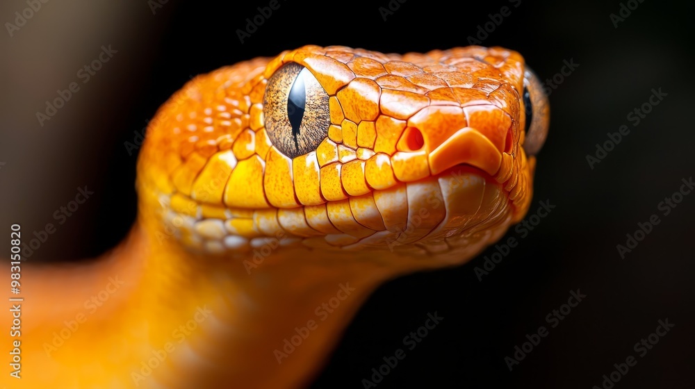 Obraz premium A tight shot of a yellow snake's head, eyes fully dilated, against a black backdrop