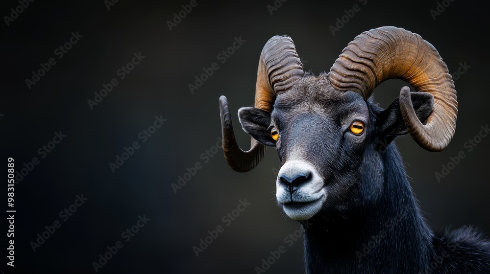A tight shot of a ram's head, adorned with exceptionally long horns, its eyes aglow with a golden light A tight shot of a ram's head, adorned with exceptionally long horns, its eyes aglow with a golden light