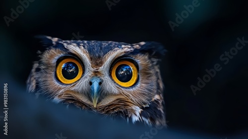  A tight shot of an owl's face against a black backdrop Its piercing yellow eyes are crisp, while the owl's head is softly blurred