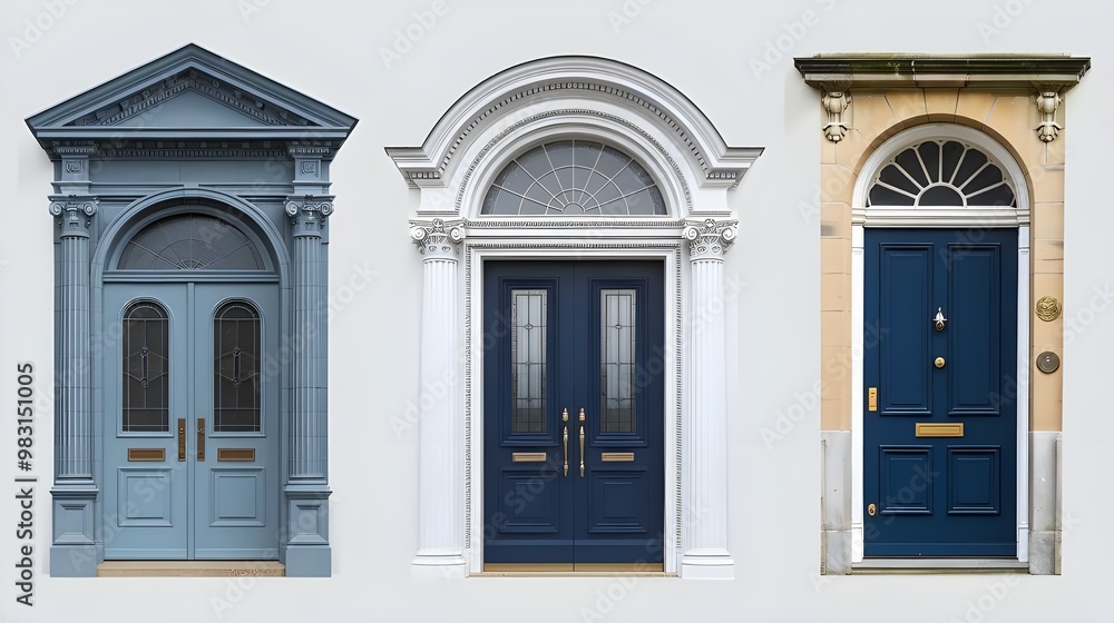 Three Elegant Arched Entry Doors with Ornate Detls and Classic Design Three Elegant Arched Entry Doors with Ornate Detls and Classic Design