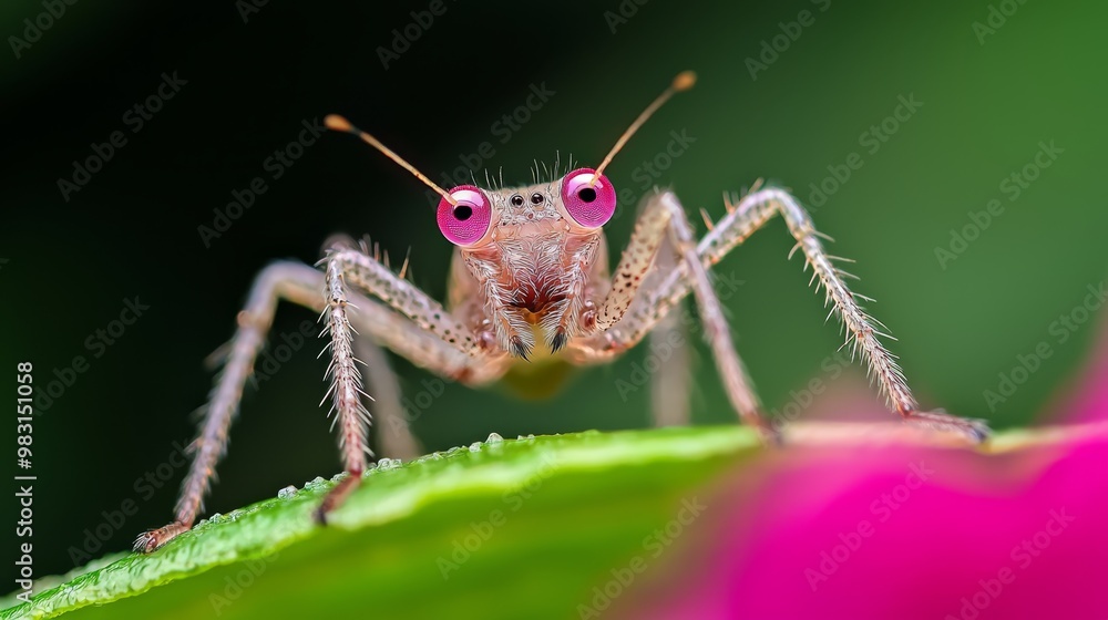 Fototapeta premium A detailed shot of a bug with pink eyes sitting on a green leaf In the foreground, a pink flower blooms