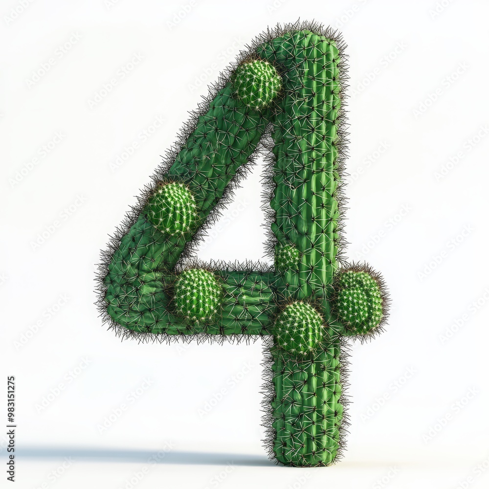 3D number 4 with cactus texture realistic modern design, soft lighting, white background. 3D number 4 with cactus texture realistic modern design, soft lighting, white background.