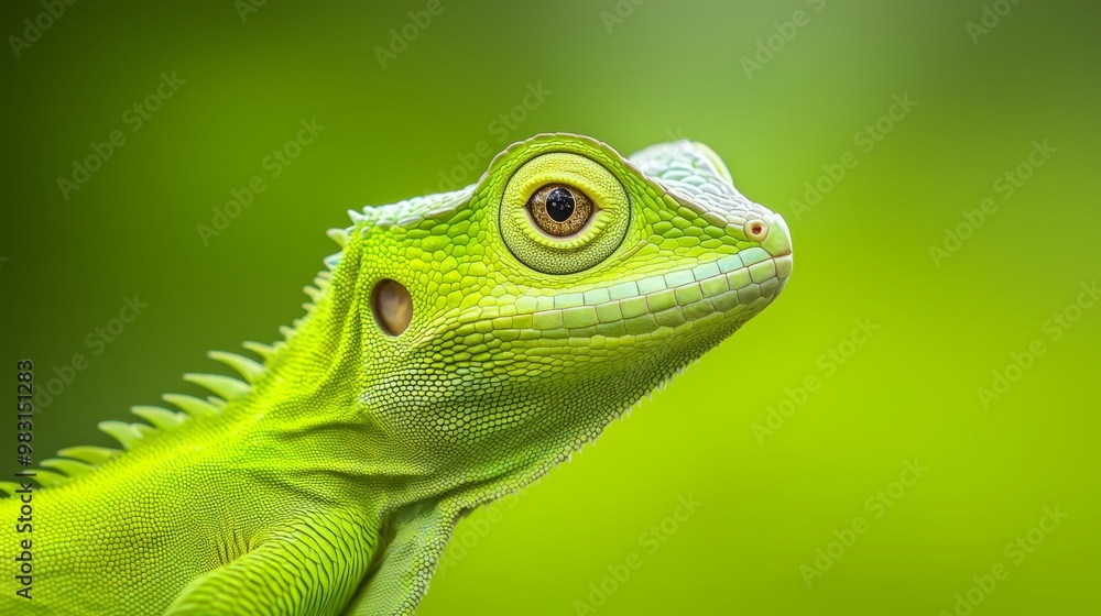 A tight shot of a green lizard's face with a blurred background A tight shot of a green lizard's face with a blurred background