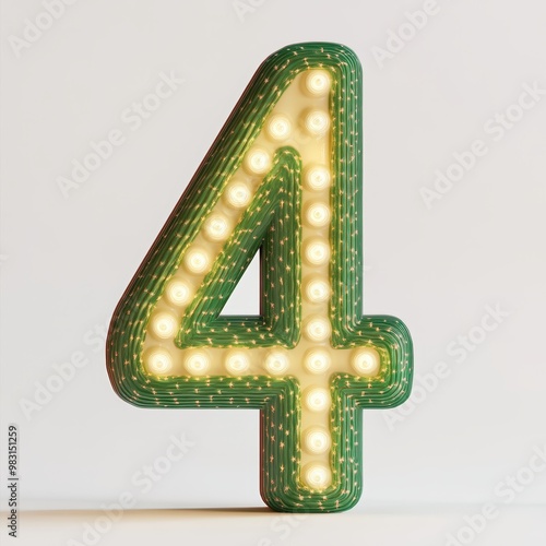 3D number 4 with cactus texture realistic modern design, soft lighting, white background. 