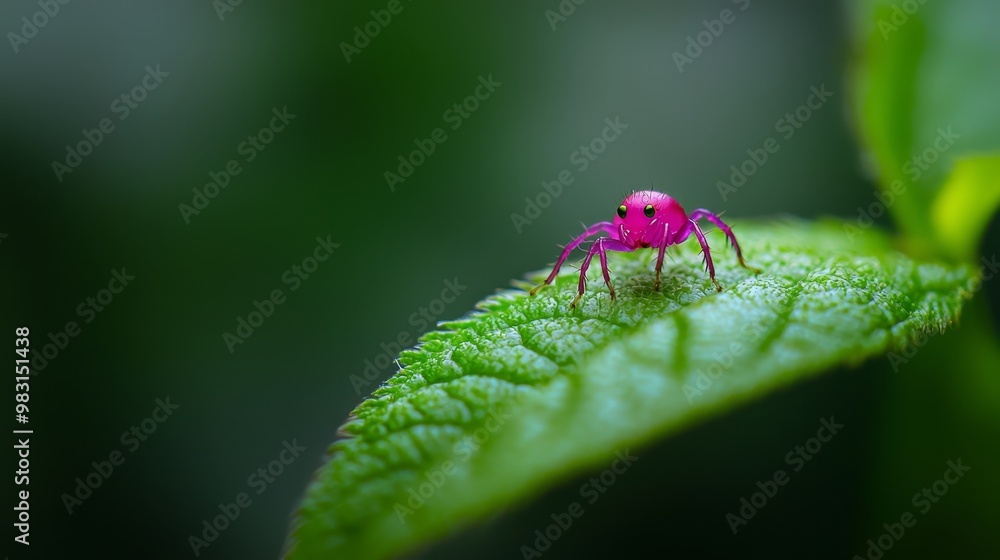 A tight shot of a pink spider on a verdant leaf, adorned with water droplets on its dorsum, against a hazy backdrop A tight shot of a pink spider on a verdant leaf, adorned with water droplets on its dorsum, against a hazy backdrop