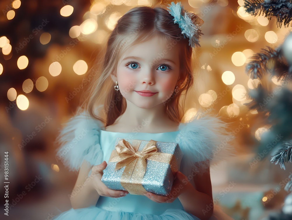 A joyful girl in a festive dress holds a gift, surrounded by twinkling lights and holiday decor, embodying the spirit of Christmas. A joyful girl in a festive dress holds a gift, surrounded by twinkling lights and holiday decor, embodying the spirit of Christmas.
