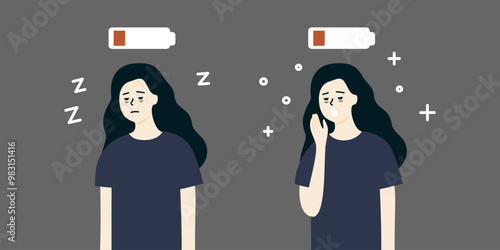 Sleepy tired woman yawning with low battery above head. Healthcare, burnout, mental health, insomnia problem, lifestyle concept. Flat people character vector design illustration.