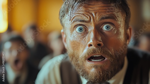 Shocked man with wide blue eyes in a crowded room