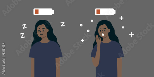 Sleepy tired woman yawning with low battery above head. Healthcare, burnout, mental health, insomnia problem, lifestyle concept. Flat people character vector design illustration.